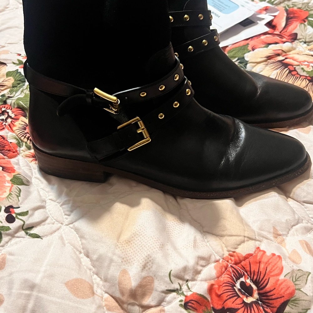 Black Leather Ankle Boots with Gold Accents
